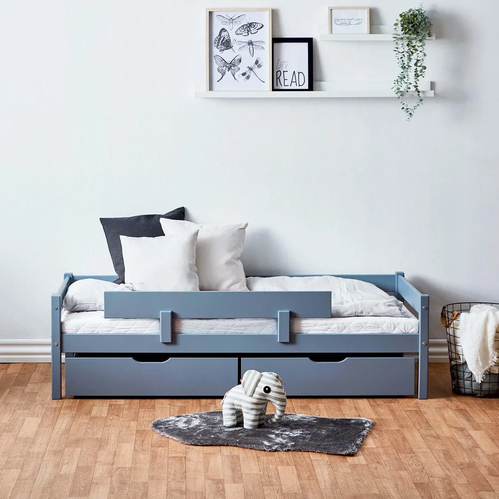 Postelní balíček: Juniorská postel 70x160 cm s šuplíky & Zábrana na postel, Dusted Blue