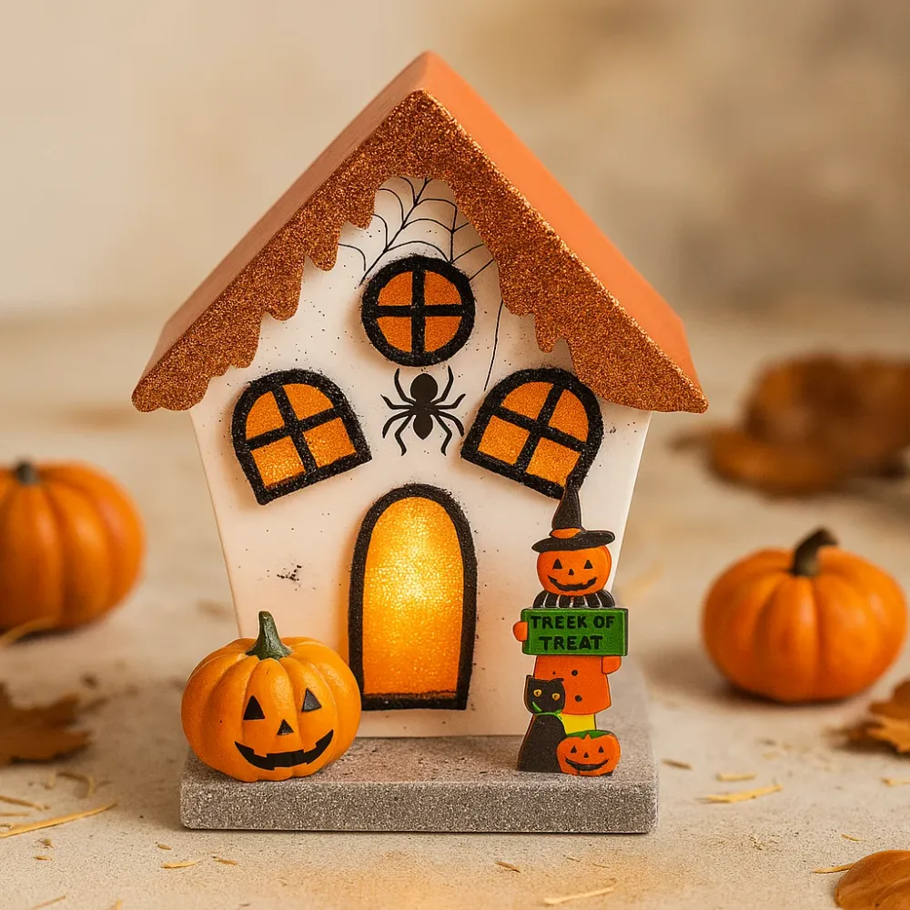 Halloween LED dekorace pavouk dýňový dům třpytky