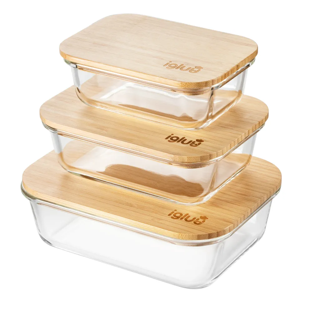 Glass Containers Bamboo Lids - Assorted sizes - 3 PACK Igluu Meal Prep