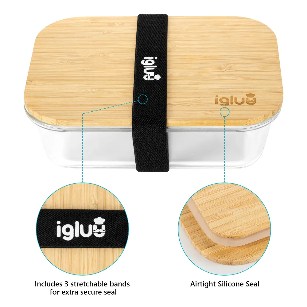 Glass Containers Bamboo Lids - Assorted sizes - 3 PACK Igluu Meal Prep