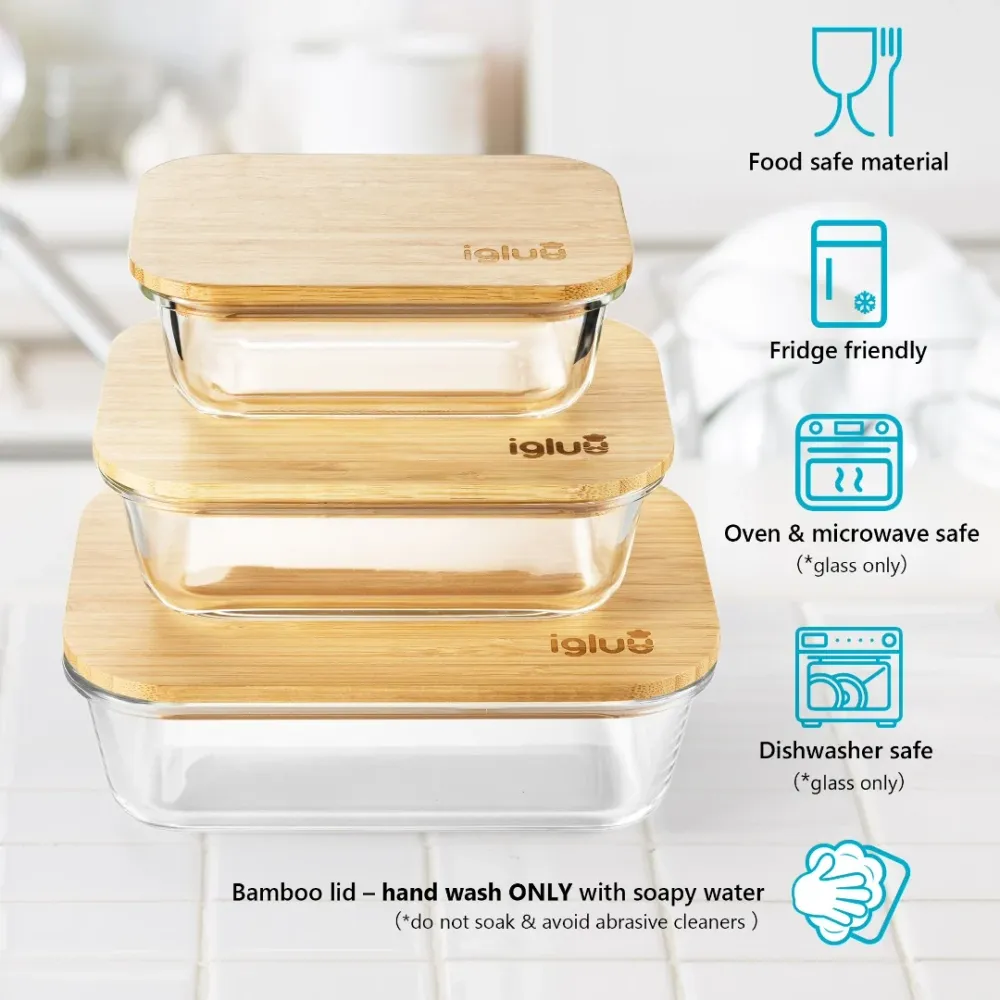 Glass Containers Bamboo Lids - Assorted sizes - 3 PACK Igluu Meal Prep