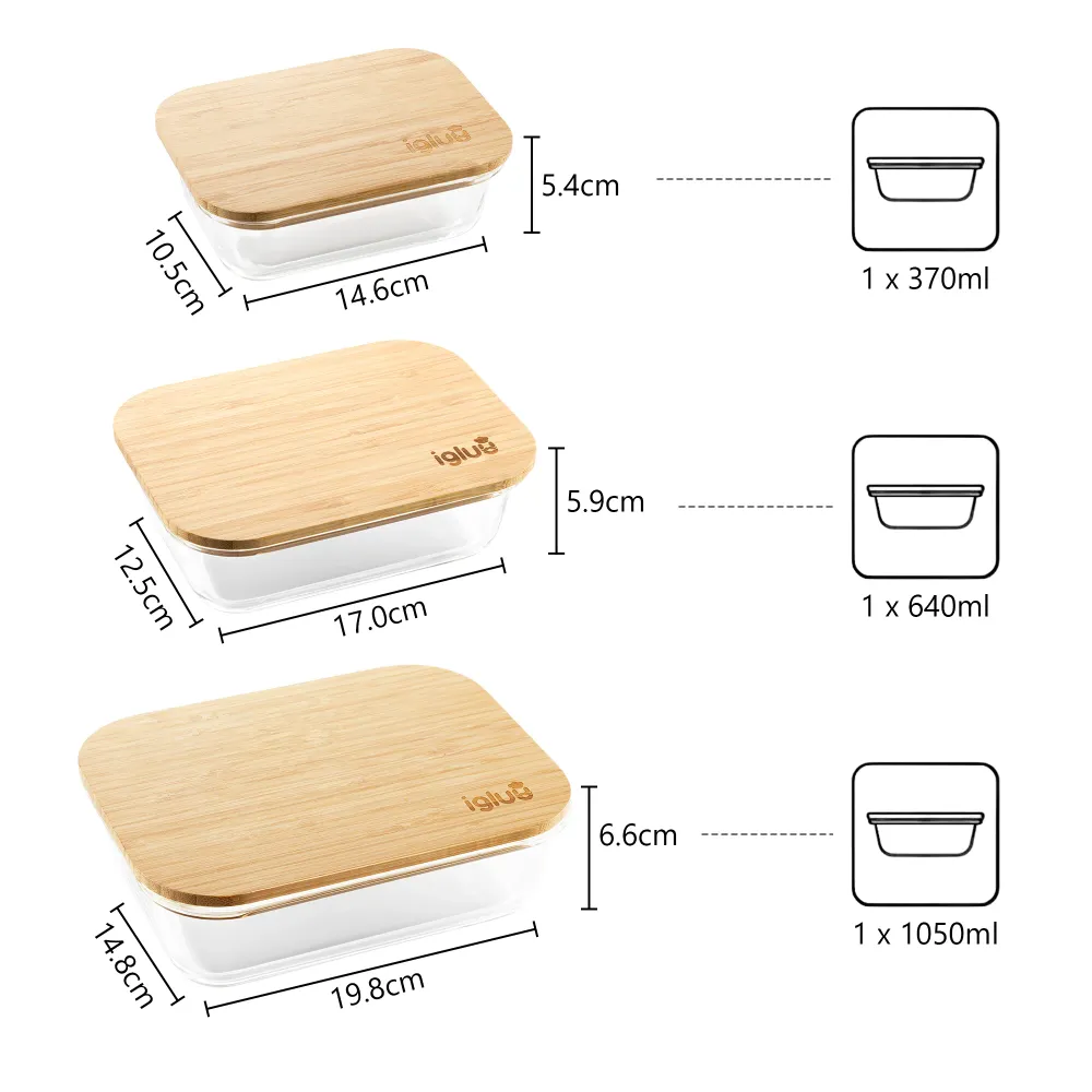 Glass Containers Bamboo Lids - Assorted sizes - 3 PACK Igluu Meal Prep