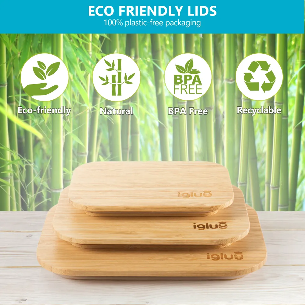 Glass Containers Bamboo Lids - Assorted sizes - 3 PACK Igluu Meal Prep