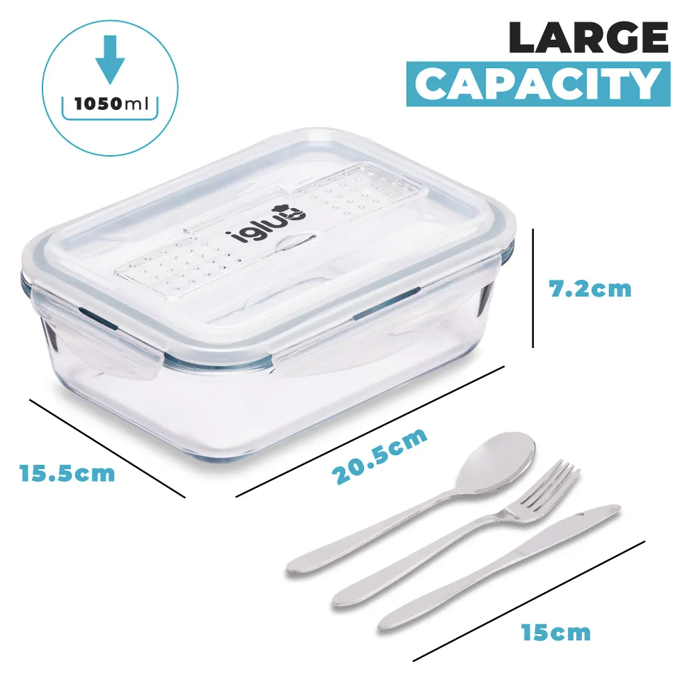 Glass Containers Cutlery Lid - 1050 ml - 3 PACK Igluu Meal Prep