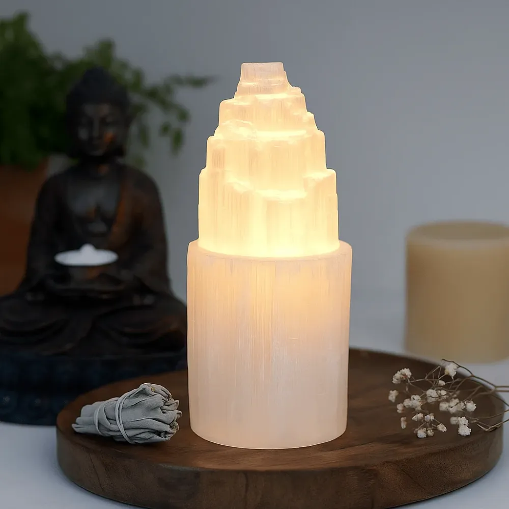 Selenitová věžová lampa 20 cm