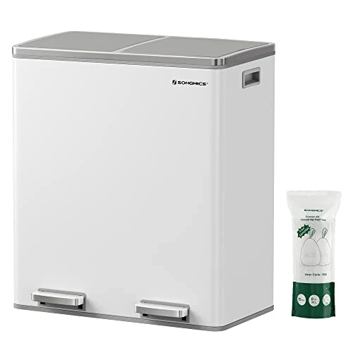 SONGMICS dvojitý odpadkový koš, kovový třídicí odpadkový koš s 15 sáčky, 2 × 30 L, bílá–šedá