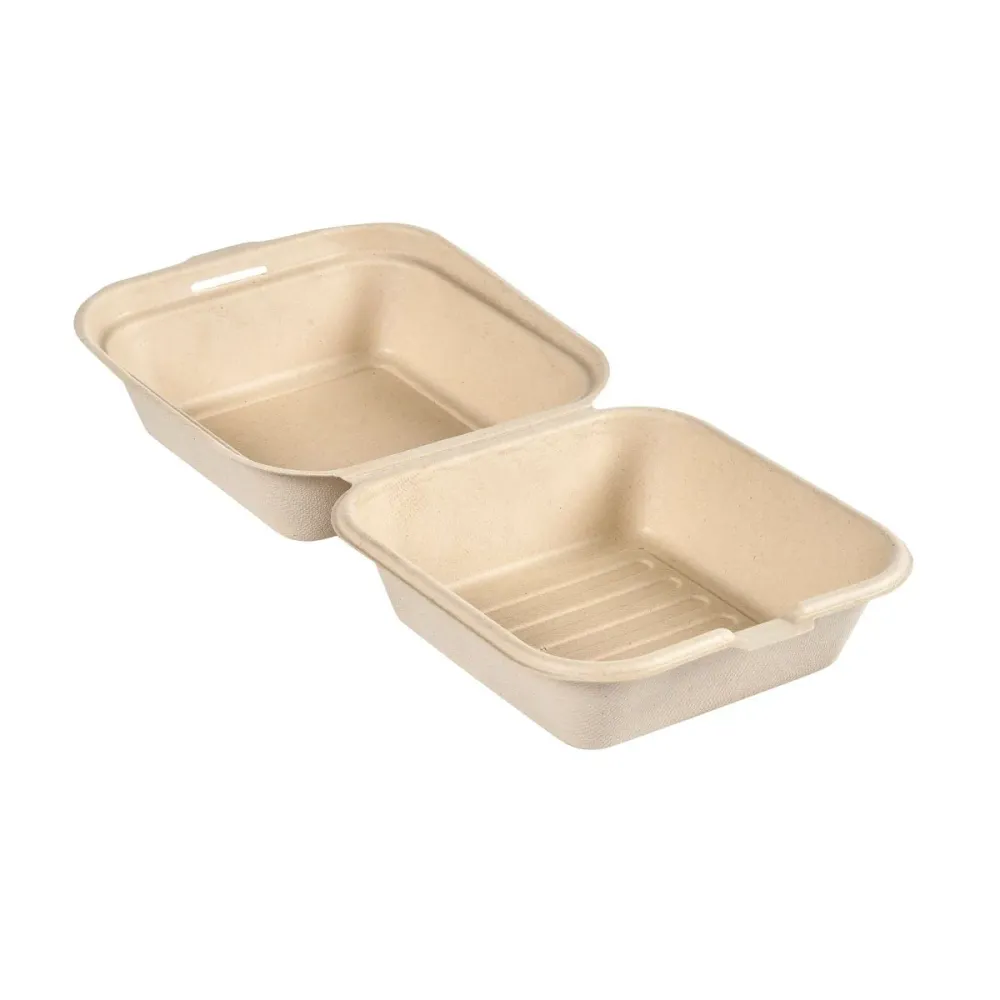 Clamshell 475 ml - uncoated Braun Bagasse 155x155x80 | Packung (50 Stück)